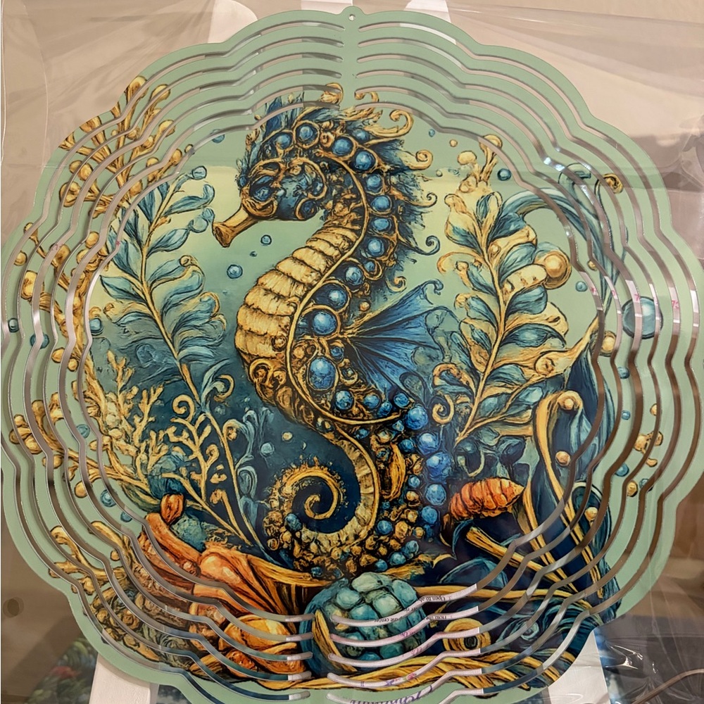 Hand Crafted Blue and Gold Seahorse 8” Wind Spinner